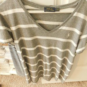 POLO RALPH LAUREN LADIES SHORT SLEEVE GREY WITH WHITE STRIPES TEE  SHIRT